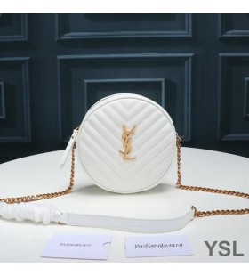 Yves Saint Laurent Vinyle Round Camera Bag In Grained Matelasse Leather White/Gold