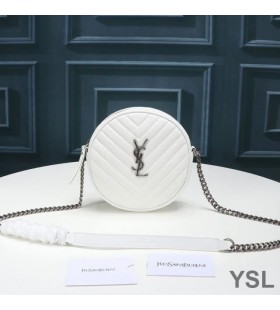 Yves Saint Laurent Vinyle Round Camera Bag In Grained Matelasse Leather White/Silver
