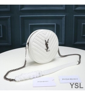 Yves Saint Laurent Vinyle Round Camera Bag In Grained Matelasse Leather White/Silver