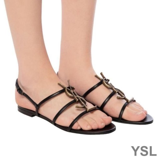 Yves Saint Laurent Cassandra Abrir Sandálias Em Couro Liso Com Bambu Logo Preto