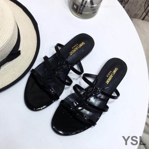 Yves Saint Laurent Cassandra Slides Em Couro Envernizado Preto