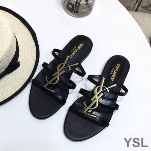 Yves Saint Laurent Cassandra Slides Em Couro Envernizado Preto/Ouro