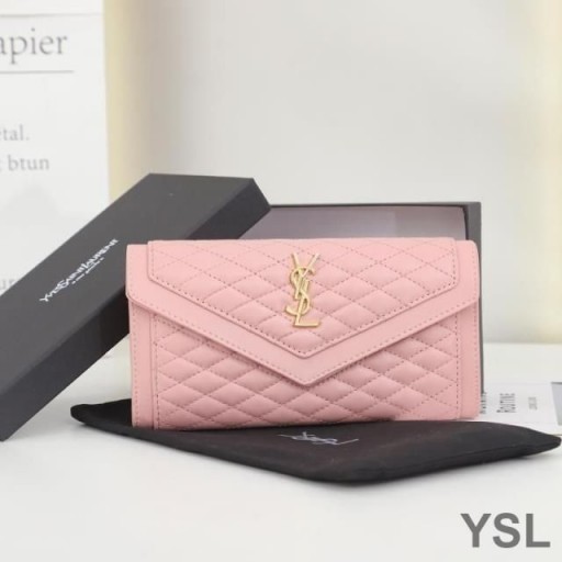 Yves Saint Laurent Grande Gaby Aba Carteira Em Couro De Cordeiro Acolchoado Cor-De-Rosa/Ouro