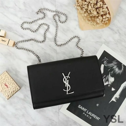 Yves Saint Laurent Médio Kate Cadeia De Saco Em Couro Preto/Prata