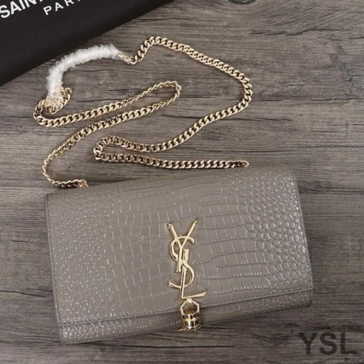Yves Saint Laurent Médio Kate Cadeia de Saco com Borla De Crocodilo em Relevo Brilhante Couro Cinza/Dourado