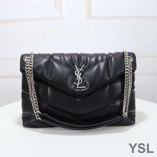 Yves Saint Laurent Médio Loulou Puffer Bolsa Em Couro De Cordeiro Acolchoado Preto/Prata