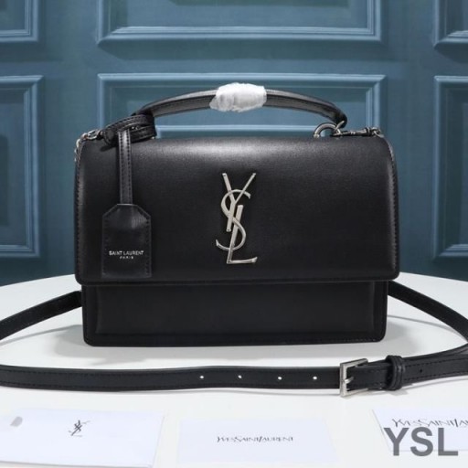 Yves Saint Laurent Médio E Pôr Do Sol Sacola Em Couro Liso Preto/Prata