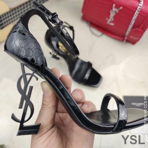 Yves Saint Laurent Opyum Sandálias Em Pedra De Grãos De Couro Preto Com Salto Preto