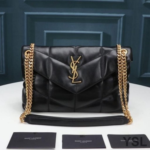 Yves Saint Laurent Pequeno Loulou Puffer Bolsa Em Couro De Cordeiro Acolchoado Preto/Ouro