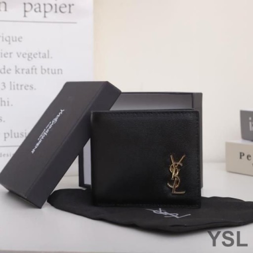Yves Saint Laurent Pequena Monograma Leste/Oeste Carteira Em Couro Liso Preto/Ouro