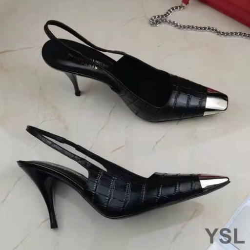 Yves Saint Laurent Vesper Slingback, Bombas De Couro De Crocodilo Preto