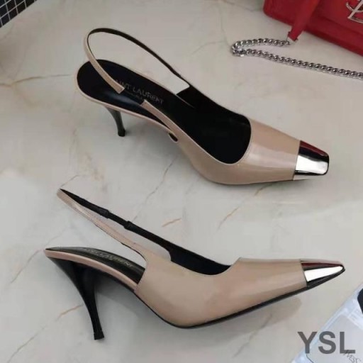 Yves Saint Laurent Vesper Slingback, Bombas De Couro De Patente De Damasco