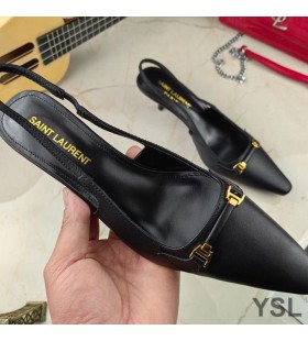 Yves Saint Laurent Lâmina Slingback Bombas Em Couro Liso Preto