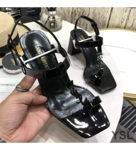 Yves Saint Laurent Cassandra Salto Sandálias com ponto de apoio Laço Em Couro envernizado Preto