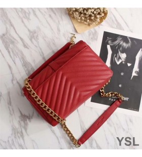 Yves Saint Laurent Médio Clássico Do Colégio Da Cadeia De Bolsa Em Matelassê De Couro Vermelho/Ouro