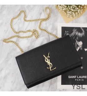 Yves Saint Laurent Médio Kate Cadeia De Saco Em Couro Grained Preto/Ouro