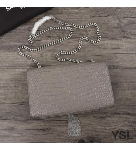 Yves Saint Laurent Médio Kate Cadeia de Saco com Borla De Crocodilo em Relevo Brilhante Couro Cinza/Prata