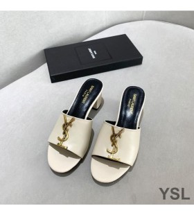 Yves Saint Laurent Monograma De Salto Slides Em Couro De Bezerro Branco