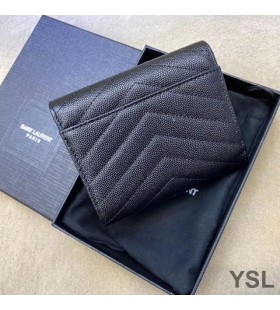 Yves Saint Laurent Monograma Com Dobra Tripla Em Papel Cartão De Caso Em Grãos De Matelassê De Couro Preto/Ouro