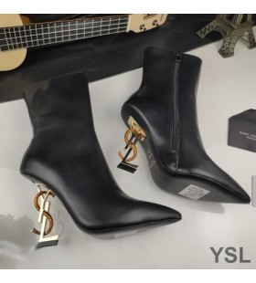 Yves Saint Laurent Opyum Ankle Boots Em Couro Liso Com A Serpente De Bronze Calcanhar Preto