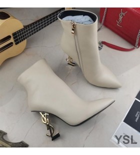 Yves Saint Laurent Opyum Ankle Boots Em Couro Liso Com Ouro Calcanhar Bege