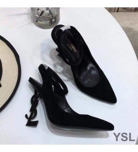 Yves Saint Laurent Opyum Slingback, Bombas De CamurÃ§a Preta com Salto Preto