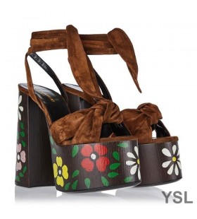 Yves Saint Laurent Paige Plataforma Sandálias Em Camurça Com Motivo Floral Marrom
