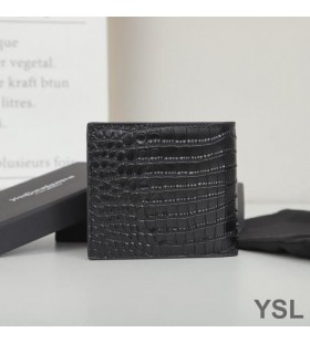 Yves Saint Laurent Pequena Monograma Leste/Oeste Carteira De Crocodilo De Couro Em Alto Relevo Preto/Ouro