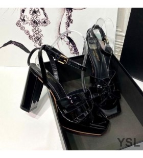Yves Saint Laurent Homenagem Plataforma Sandálias Em Couro Envernizado Preto