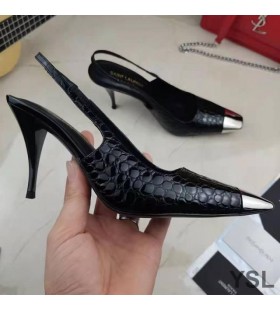 Yves Saint Laurent Vesper Slingback Bombas Em Pedra De Grãos De Couro Preto