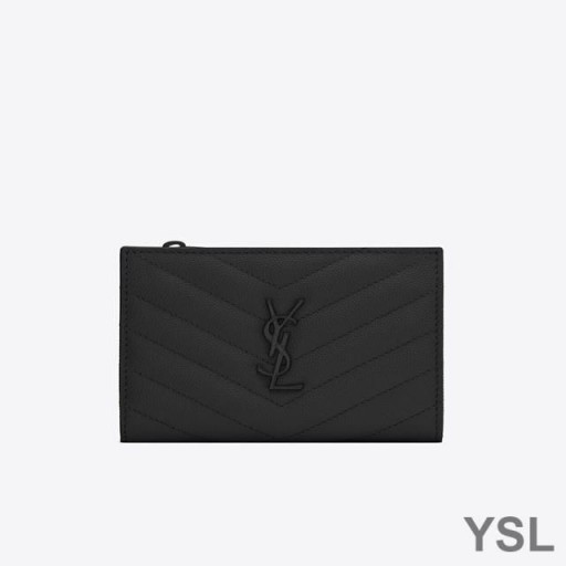 Yves Saint Laurent Fragments Zipped Bifold Wallet In Grained Matelasse Leather Black