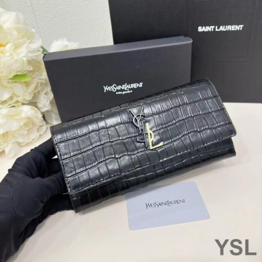 Yves Saint Laurent Nagy Cassandra Deconstruct Bifold Tárca A Krokodil Dombornyomott Bőr Fekete