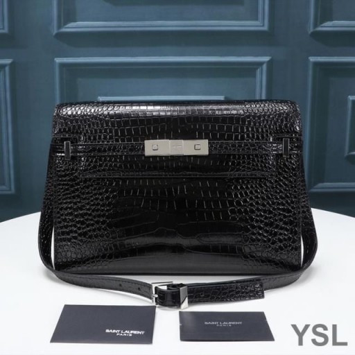 Yves Saint Laurent Manhattan Válltáska, A Krokodil-Dombornyomott Fényes Bőr Fekete/Ezüst