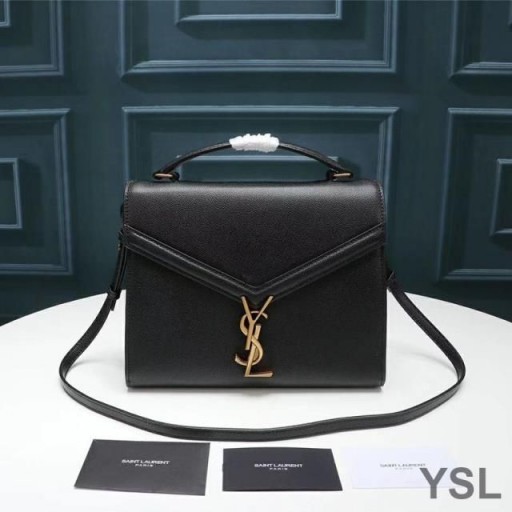 Yves Saint Laurent Közepes Cassandra Felső Fogantyú Táska Szemű Bőr Fekete/Arany