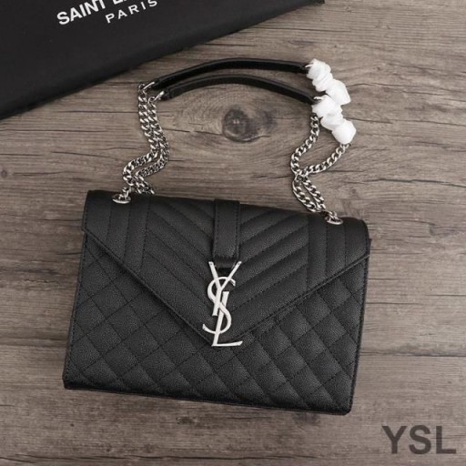 Yves Saint Laurent Közepes Boríték Lánc Zsák Vegyes Szemű Matelasse Bőr Fekete/Ezüst