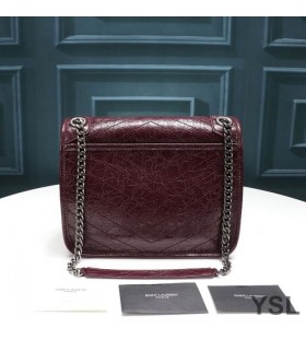 Yves Saint Laurent Baby Niki Chain Bag In Crinkled And Quilted Leather Burgundy/Silver