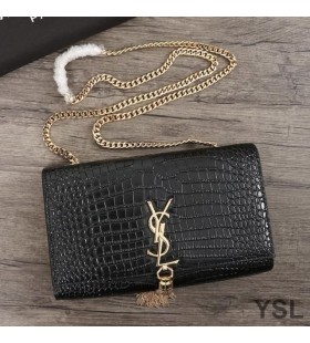 Yves Saint Laurent Közepes Kate Lánc Táska Tassel A Krokodil Mintás, Fényes Bőr Fekete/Arany