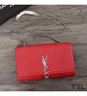 Yves Saint Laurent Közepes Kate Lánc Táska Tassel A Krokodil Mintás, Fényes Bőr, Piros/Ezüst