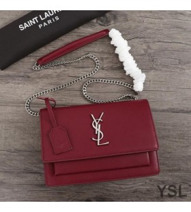 Yves Saint Laurent Közepes Naplemente Lánc Táska Textúrázott Bőr Bordó/Ezüst