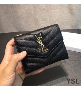 Yves Saint Laurent Kis Boríték Trifold Tárcáját Szemű Matelasse Bőr Fekete/Arany