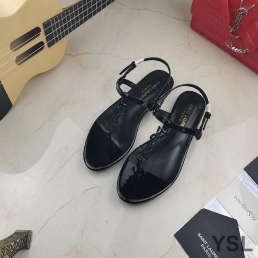 Yves Saint Laurent Cassandra Sandals Maol Le T-Strap I Leathar Paitinne Dubh