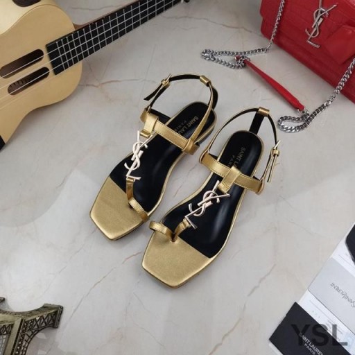 Yves Saint Laurent Cassandra Sandals Maol le Toehold Lúb Sa Smooth Leathar Óir