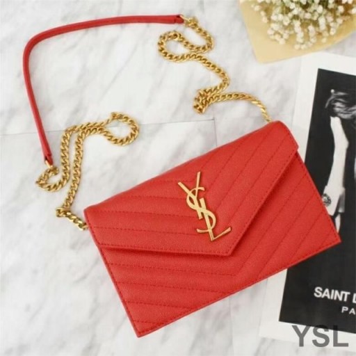 Yves Saint Laurent Clúdach Slabhra Sparán I Textured Matelasse Leathar Red/Gold