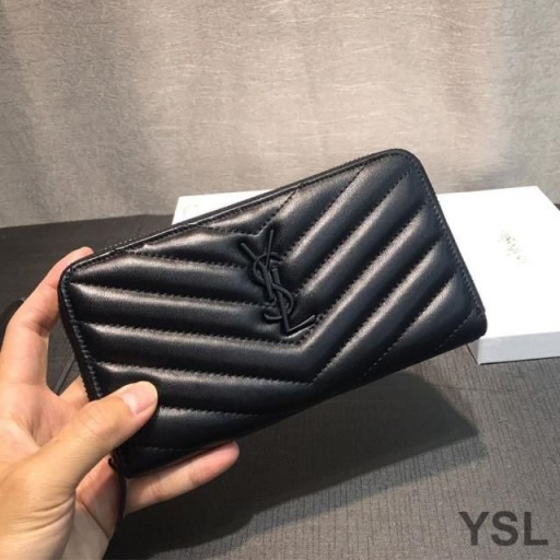 Yves Saint Laurent Mór Monogram Zip Timpeall Sparán I Matelasse Leathar Dubh