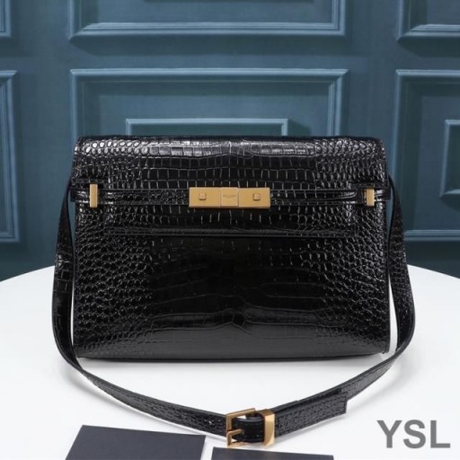 Yves Saint Laurent Manhattan Ghualainn Mála I Crogall-Cabhraithe Lonracha Leathair Dubh/Óir