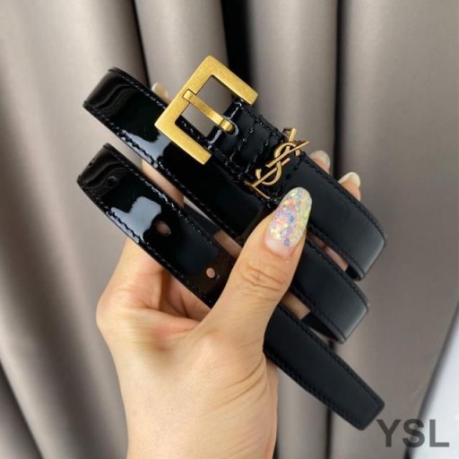 Yves Saint Laurent Monogram Caol Crios Le Cearnach Buckle I Leathar Paitinne Dubh/Óir