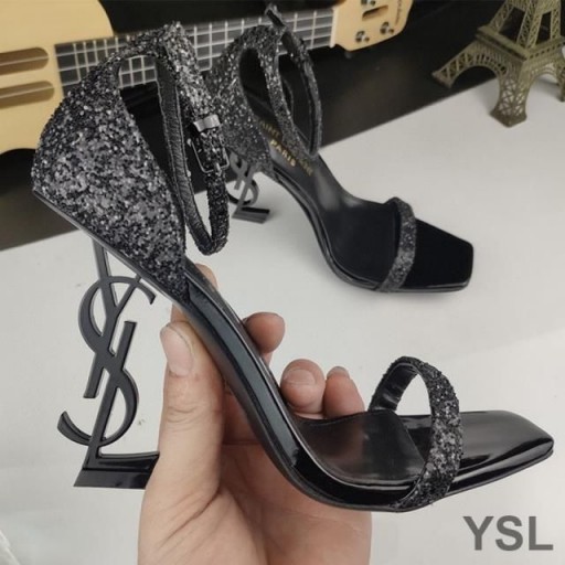 Yves Saint Laurent Opyum Sandals I Glitter Leathar Dubh le Súil Dubh