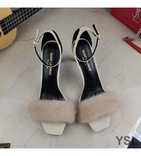 Yves Saint Laurent Ómra Sandals Sa Smooth Leathar agus Fionnaidh Minceanna Beige