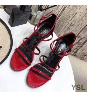 Yves Saint Laurent Cassandra 100 Sandals Paitinne Leathar Dubh le Lógó Dearg