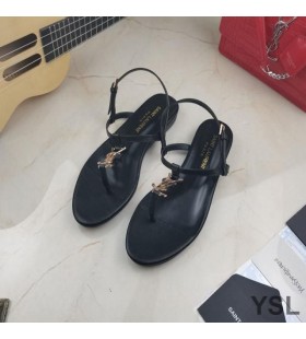 Yves Saint Laurent Cassandra Flat Sandals With T-Strap In Calfskin Leather Black